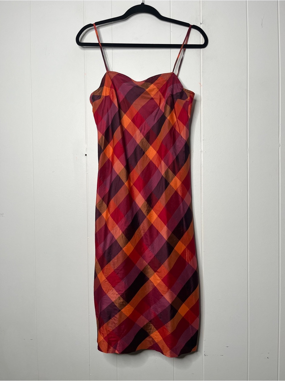 Y2K Espirt Silk Spaghetti Strap Plaid Slip Dress in Red and Orange Bias 5/6